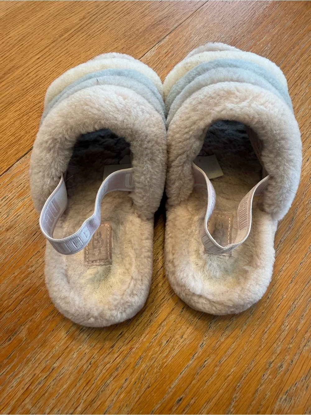 UGG Kids Plush Multi-Band Slide Sandals in Cream and Gray